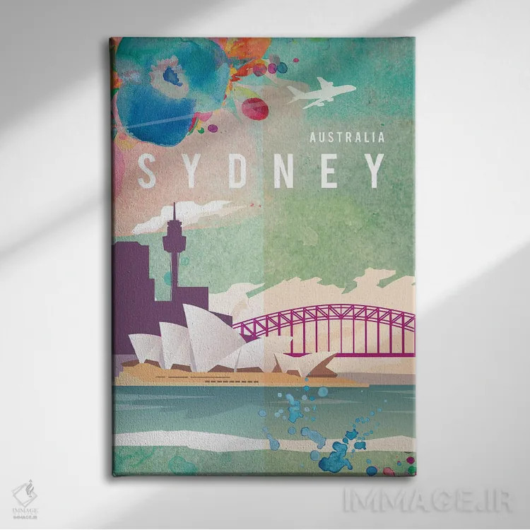 تابلو مدرن پوستر سفر به سیدنی اثر ناتالی رایان - نمای روبهرو روی دیوار