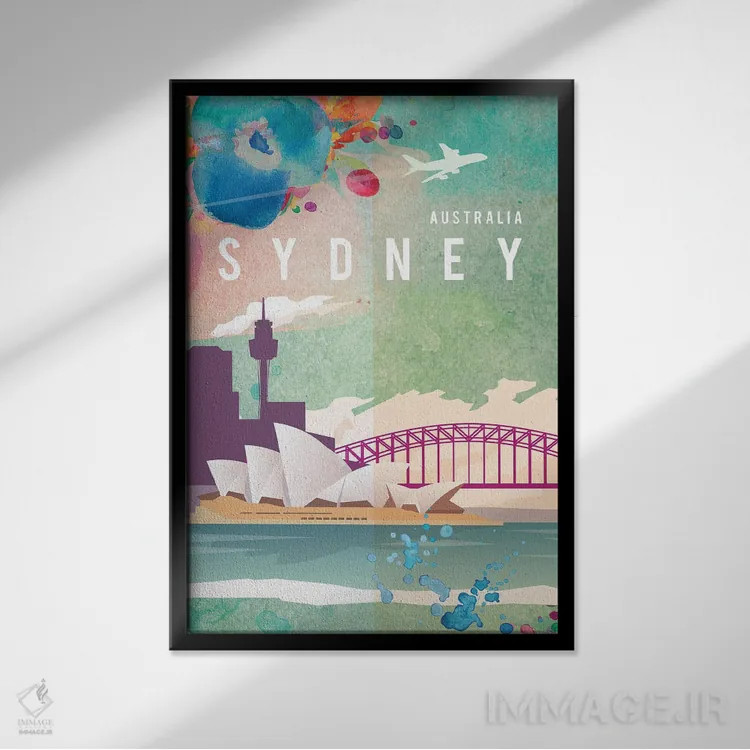 تابلو مدرن پوستر سفر به سیدنی اثر ناتالی رایان - نمای قابدار مشکی