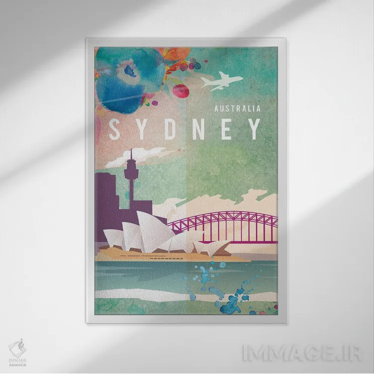 تابلو مدرن پوستر سفر به سیدنی اثر ناتالی رایان - نمای قابدار سفید