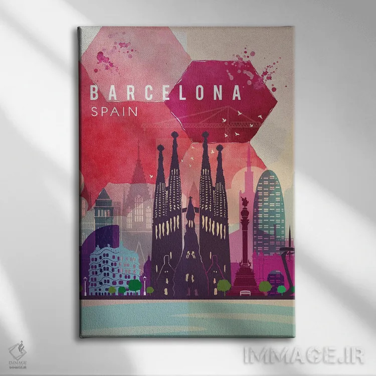 تابلو مدرن پوستر سفر به بارسلونا اثر ناتالی رایان - نمای روبهرو روی دیوار