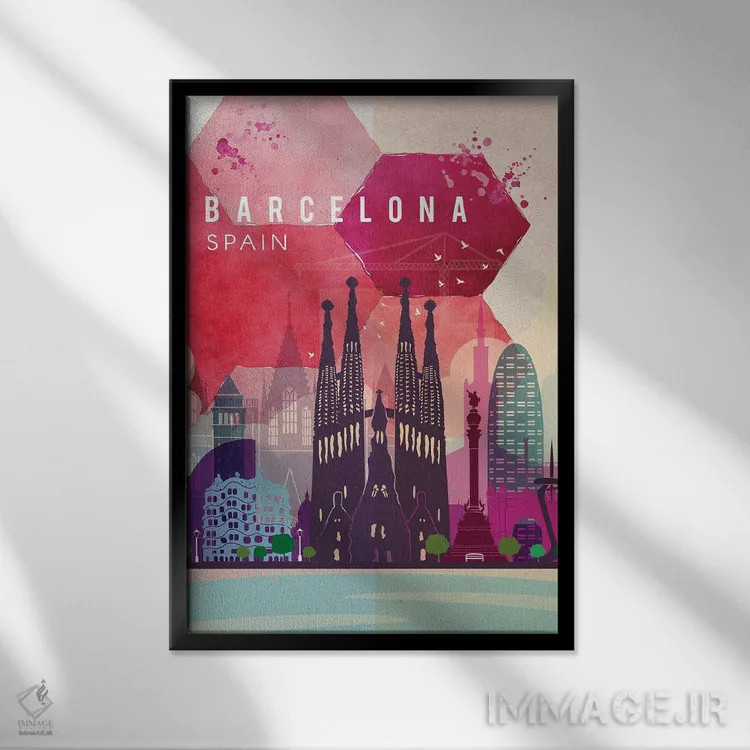 تابلو مدرن پوستر سفر به بارسلونا اثر ناتالی رایان - نمای قابدار مشکی