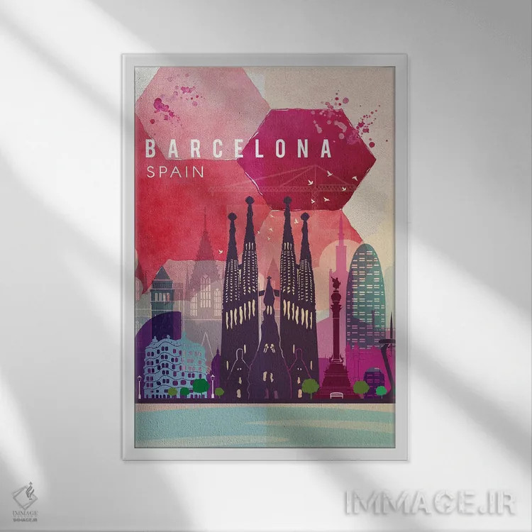 تابلو مدرن پوستر سفر به بارسلونا اثر ناتالی رایان - نمای قابدار سفید