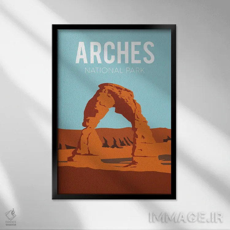 تابلو مدرن پوستر سفر به آرچز اثر ناتالی رایان - نمای قابدار مشکی