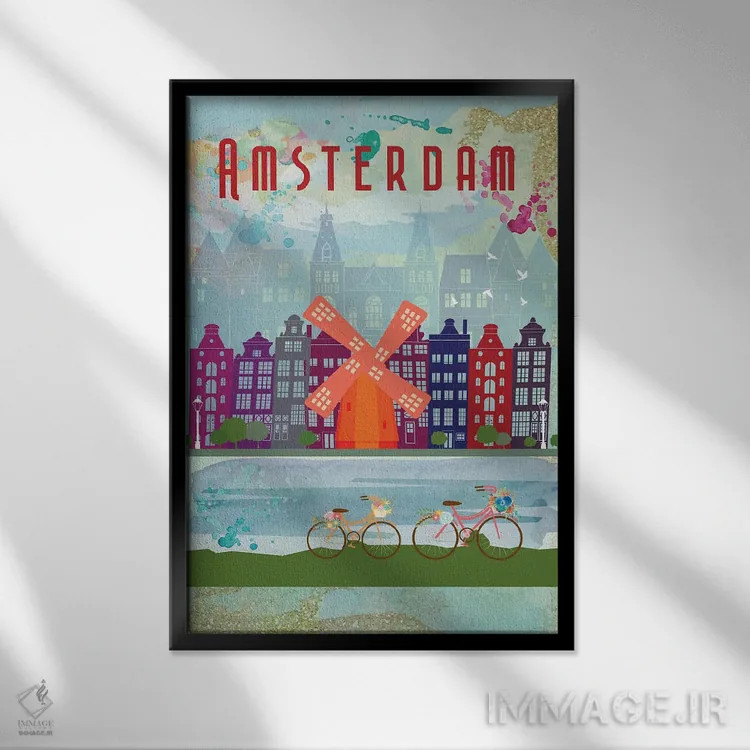 تابلو مدرن پوستر سفر به آمستردام اثر ناتالی رایان - نمای قابدار مشکی
