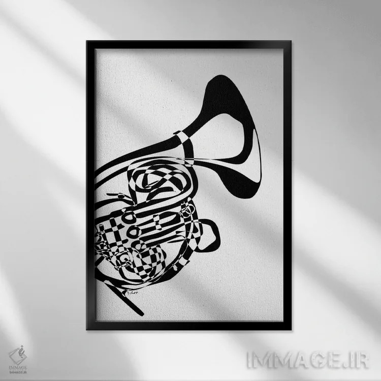 تابلو مینیمال هورن فرانسوی سفید اثر نیسه کرونا - نمای قابدار مشکی