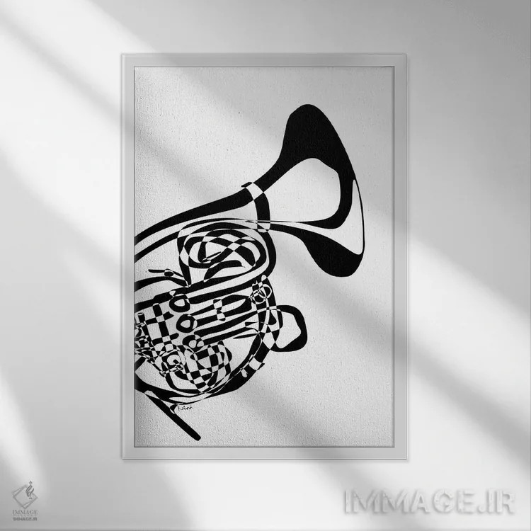 تابلو مینیمال هورن فرانسوی سفید اثر نیسه کرونا - نمای قابدار سفید