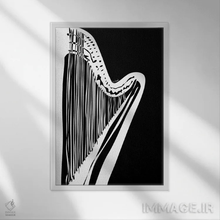 تابلو مینیمال چنگ مشکی اثر نیسه کرونا - نمای قابدار سفید