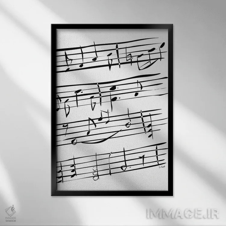 تابلو مینیمال نت های موسیقی اثر نیسه کرونا - نمای قابدار مشکی