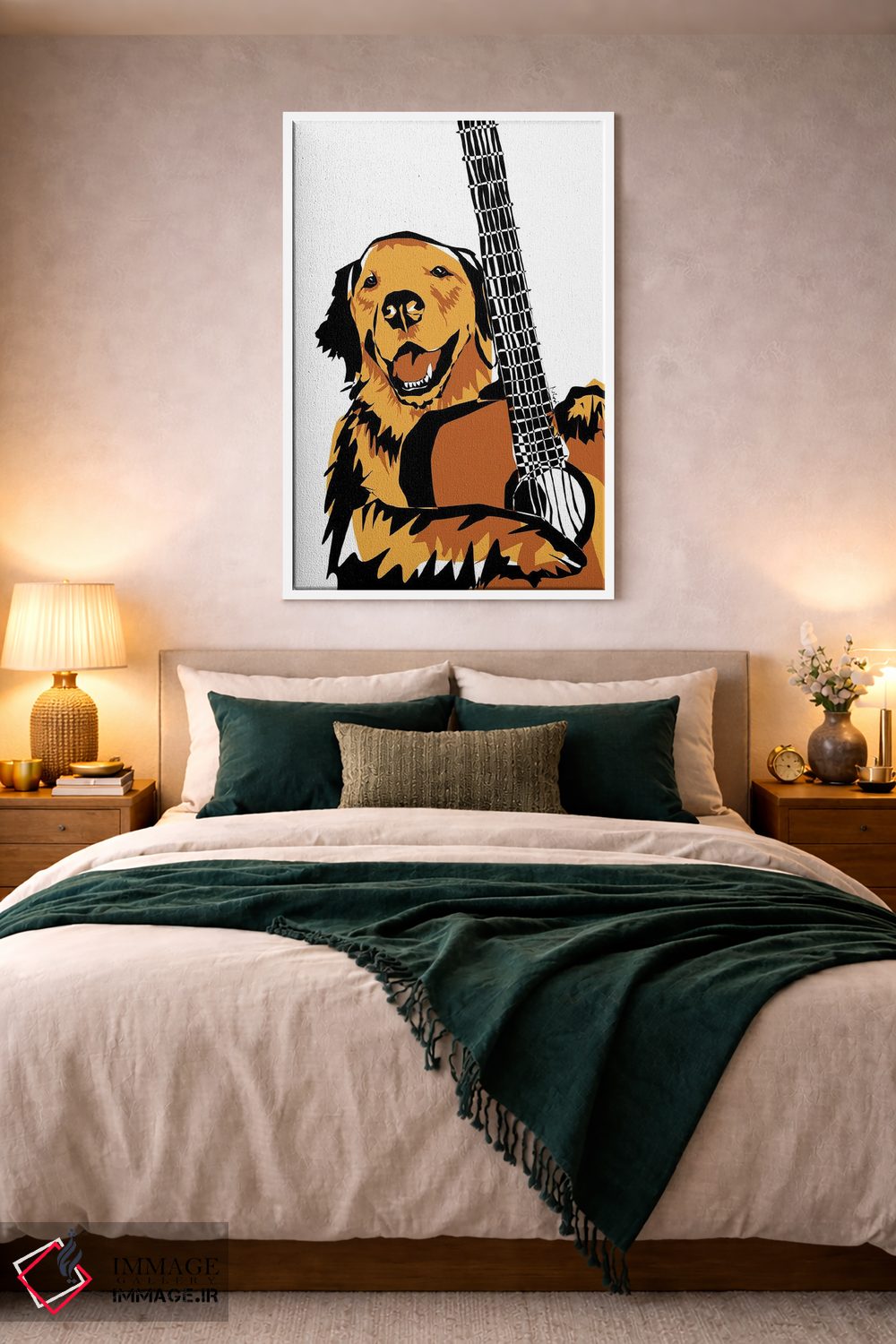 تابلو مینیمال گیتار و سگ گلدن ریتریور اثر نیسه کرونا - D3W