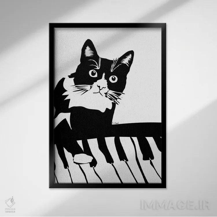 تابلو مینیمال گربه پیانوزن اثر نیسه کرونا - نمای قابدار مشکی