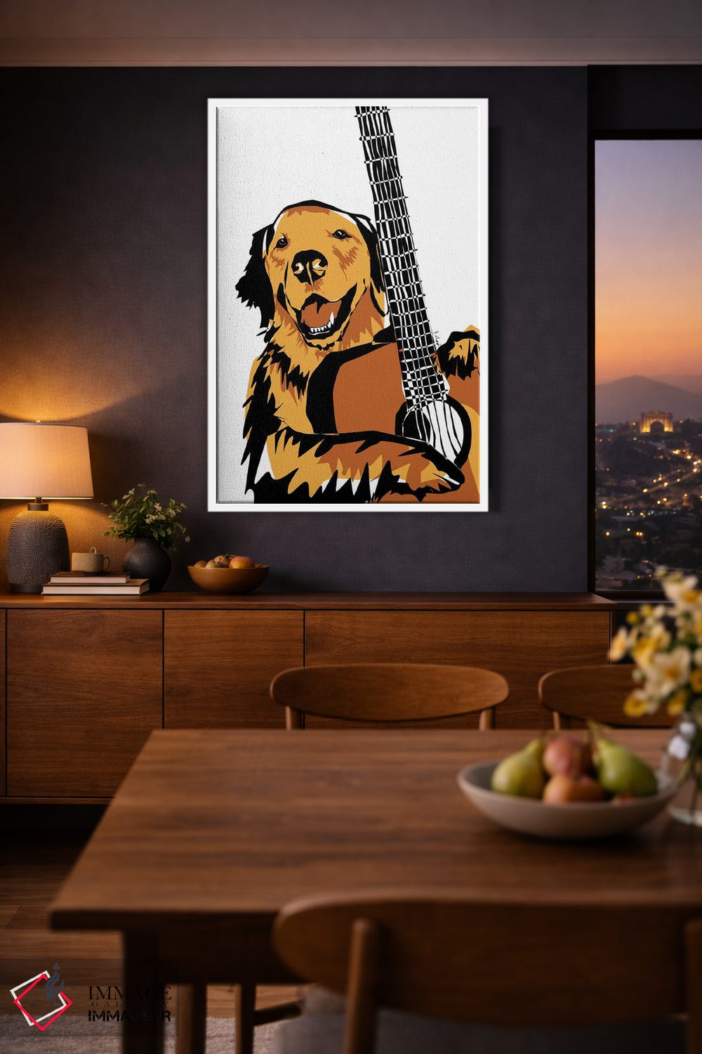 تابلو مینیمال گیتار و سگ گلدن ریتریور اثر نیسه کرونا - D4W