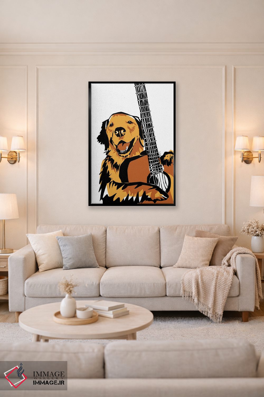 تابلو مینیمال گیتار و سگ گلدن ریتریور اثر نیسه کرونا - D6B