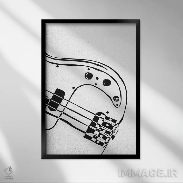تابلو مینیمال گیتار باس سفید اثر نیسه کرونا - نمای قابدار مشکی