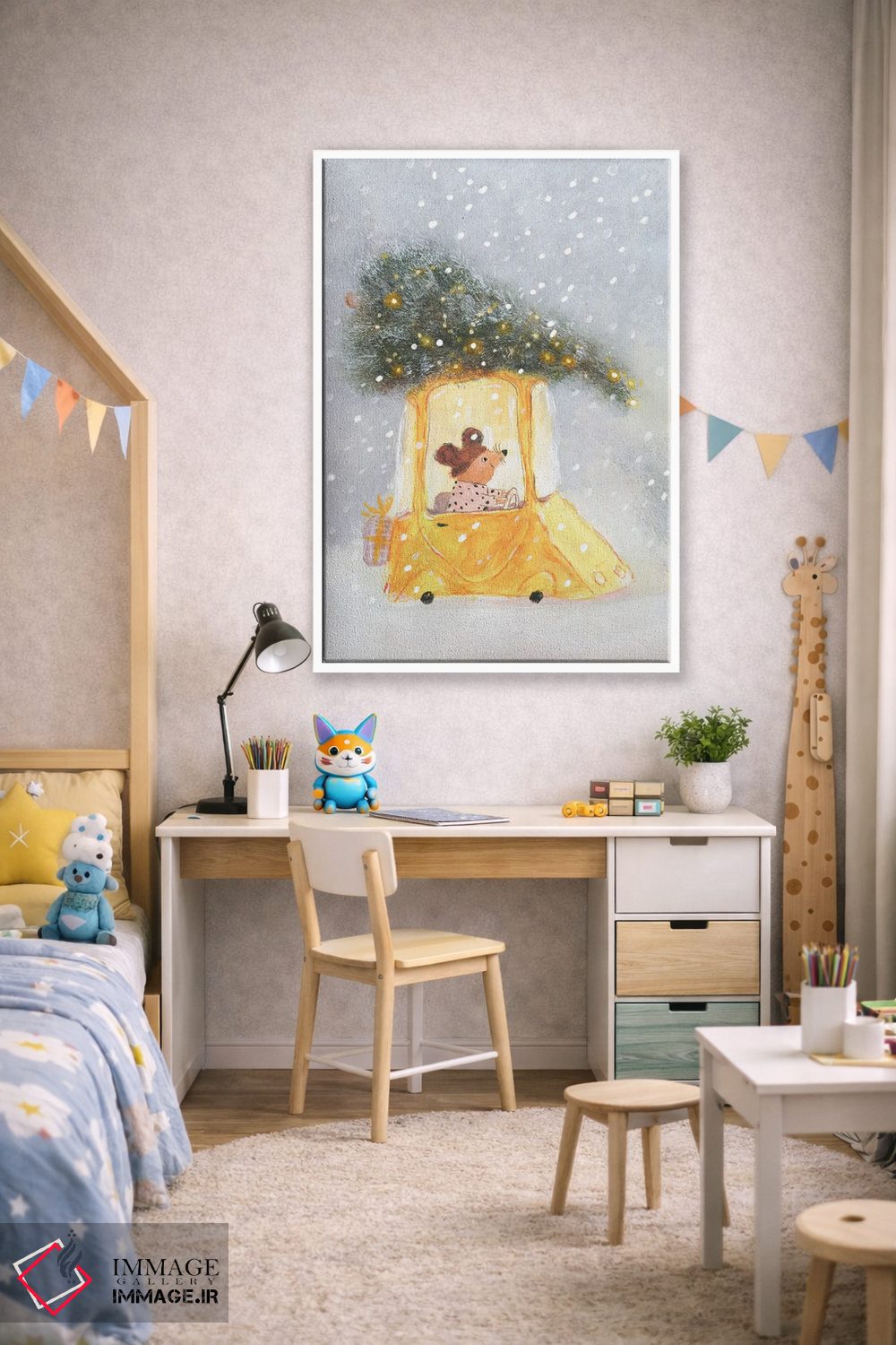 تابلو دکوراتیو موش کوچولو در حال حمل درخت کریسمس روی سقف ماشین اثر ناتالیا شالوشویلی - D2W