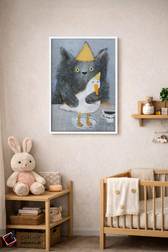 تابلو دکوراتیو گربه و اردک روی بشقاب اثر ناتالیا شالوشویلی - D3W