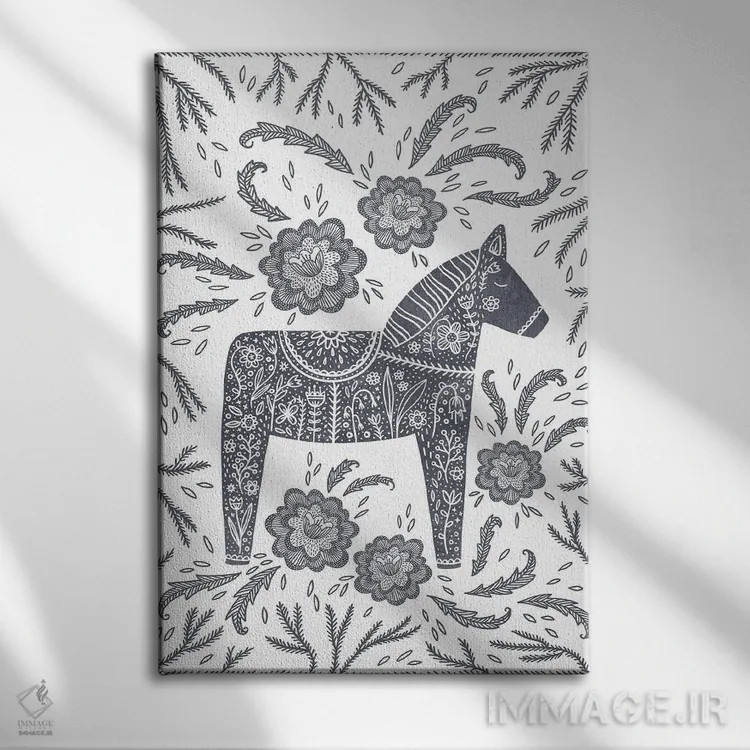 تابلو دکوراتیو اسب دالا خاکستری سوئدی اثر نیک اسکویرل - نمای روبهرو روی دیوار