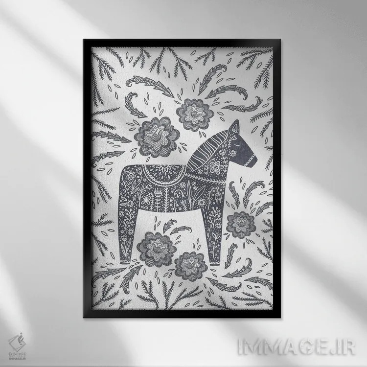 تابلو دکوراتیو اسب دالا خاکستری سوئدی اثر نیک اسکویرل - نمای قابدار مشکی