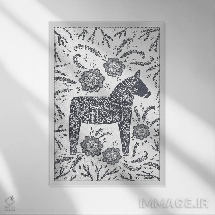 تابلو دکوراتیو اسب دالا خاکستری سوئدی اثر نیک اسکویرل - نمای قابدار سفید
