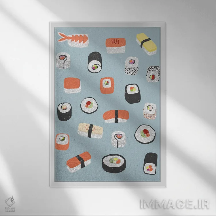 تابلو مینیمال رول سوشی، ماکی و نیگری اثر نیک اسکویرل - نمای قابدار سفید