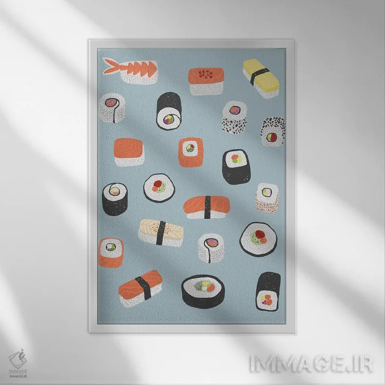 تابلو مینیمال رول سوشی، ماکی و نیگری اثر نیک اسکویرل - نمای قابدار سفید