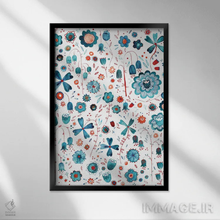 تابلو دکوراتیو باغ گل فیروزه ای اثر نیک اسکویرل - نمای قابدار مشکی