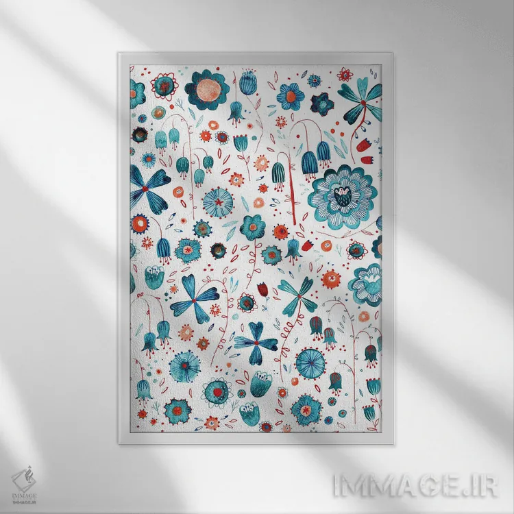 تابلو دکوراتیو باغ گل فیروزه ای اثر نیک اسکویرل - نمای قابدار سفید