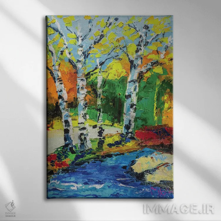 تابلو دکوراتیو منظره درختان توس اثر ناتالی مک - نمای روبهرو روی دیوار