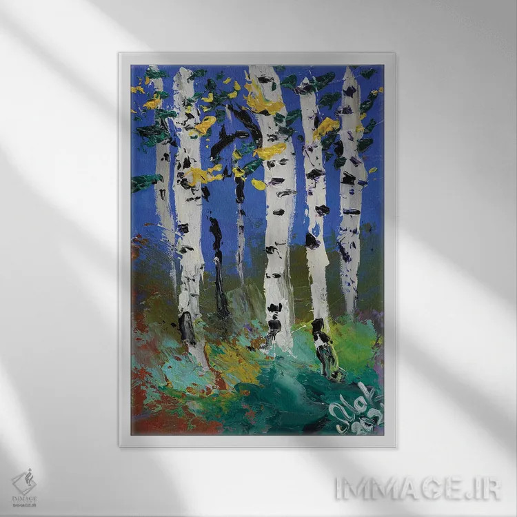 تابلو دکوراتیو منظره درختان توس II اثر ناتالی مک - نمای قابدار سفید