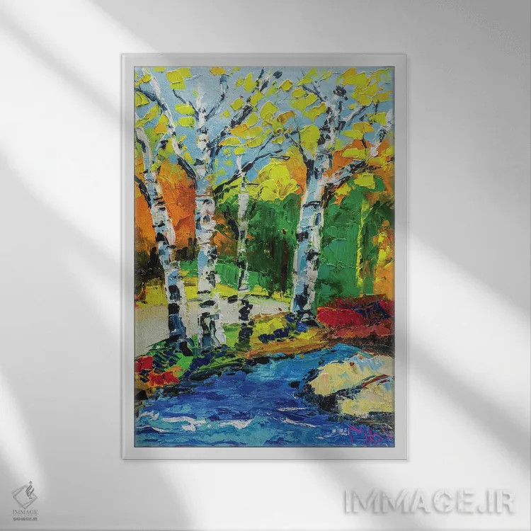تابلو دکوراتیو منظره درختان توس اثر ناتالی مک - نمای قابدار سفید