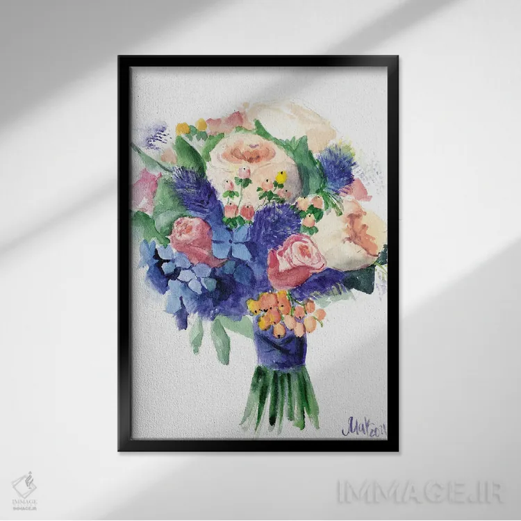 تابلو دکوراتیو دسته گل صدتومانی و ادریسی اثر ناتالی مک - نمای قابدار مشکی