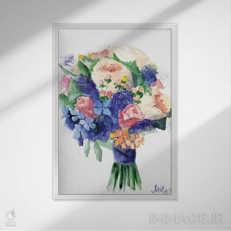 تابلو دکوراتیو دسته گل صدتومانی و ادریسی اثر ناتالی مک - نمای قابدار سفید