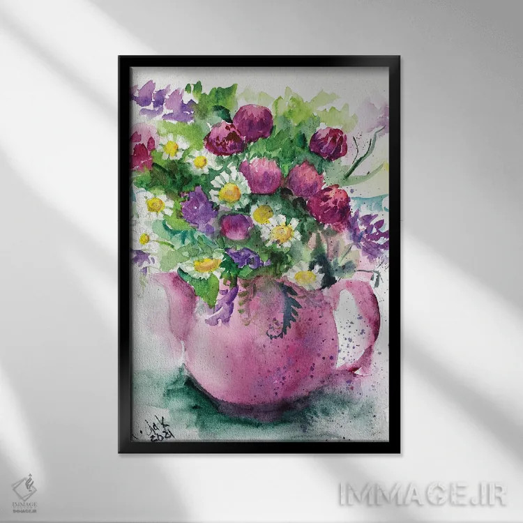 تابلو دکوراتیو دسته گل گل های وحشی در گلدان اثر ناتالی مک - نمای قابدار مشکی