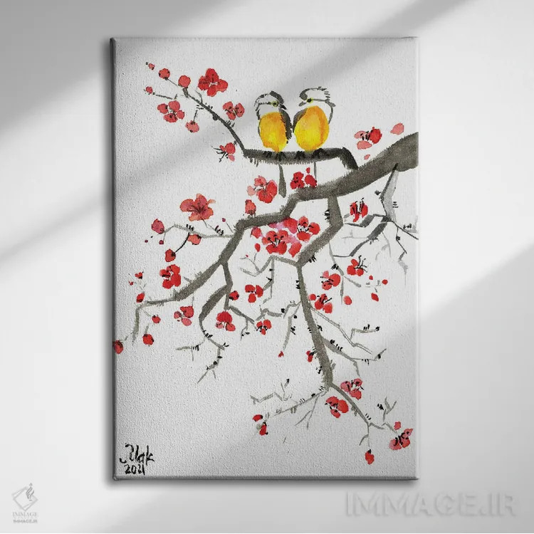تابلو دکوراتیو ساکورا پرنده ژاپنی اثر ناتالی مک - نمای روبهرو روی دیوار