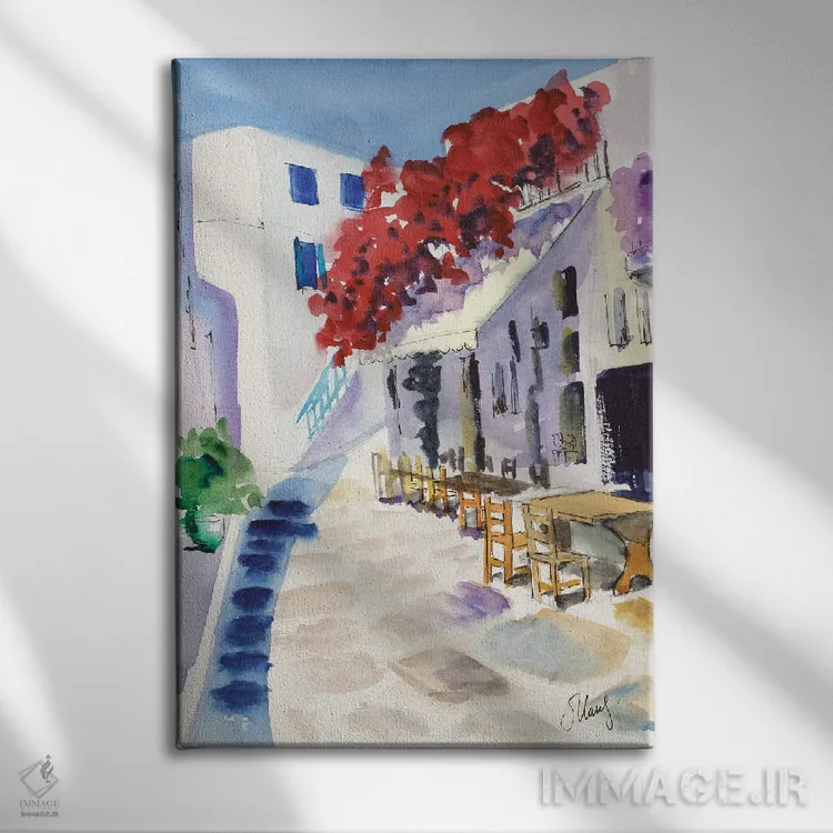 تابلو دکوراتیو گل کاغذی یونان در سانتورینی اثر ناتالی مک - نمای روبهرو روی دیوار