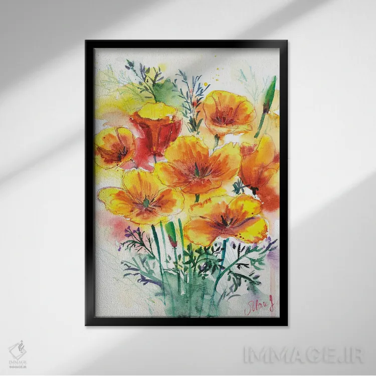 تابلو دکوراتیو دسته گل شقایق کالیفرنیا اثر ناتالی مک - نمای قابدار مشکی
