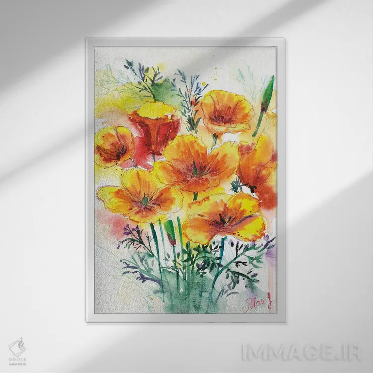 تابلو دکوراتیو دسته گل شقایق کالیفرنیا اثر ناتالی مک - نمای قابدار سفید