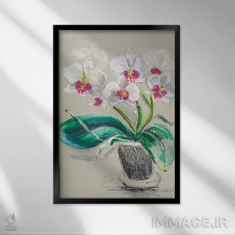 تابلو دکوراتیو گل ارکیده در گلدان اثر ناتالی مک - نمای قابدار مشکی