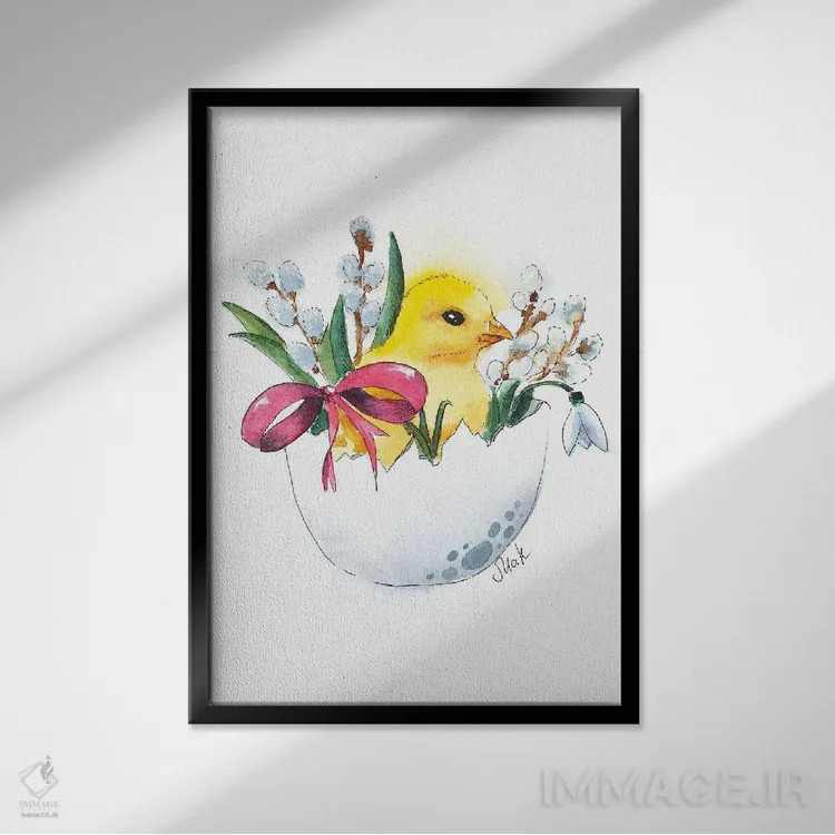 تابلو دکوراتیو جوجه عید پاک در تخم مرغ اثر ناتالی مک - نمای قابدار مشکی