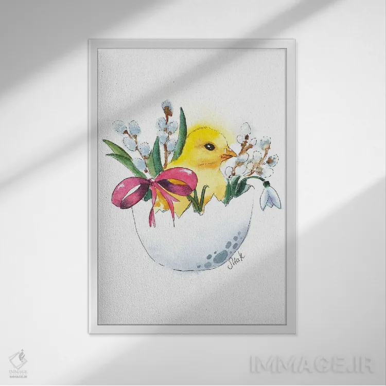 تابلو دکوراتیو جوجه عید پاک در تخم مرغ اثر ناتالی مک - نمای قابدار سفید