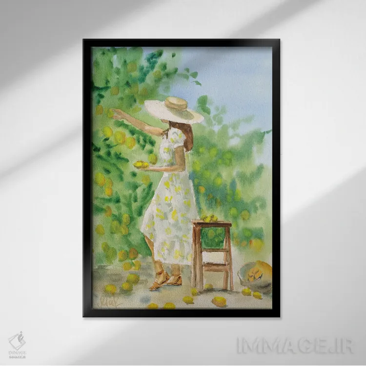 تابلو دکوراتیو دختر در باغ لیمو اثر ناتالی مک - نمای قابدار مشکی
