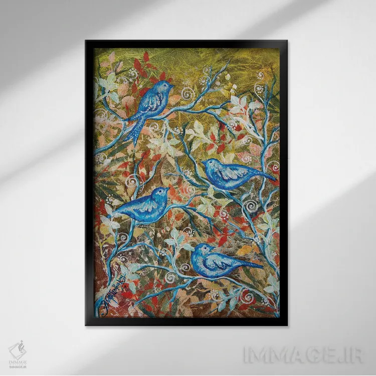 تابلو دکوراتیو پرندگان آبی اثر نستاسی آرت - نمای قابدار مشکی