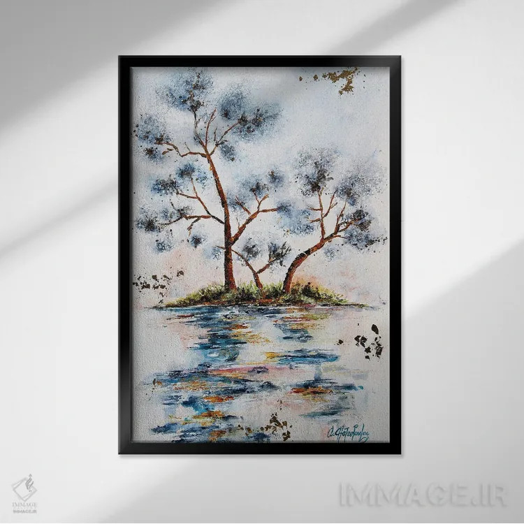 تابلو انتزاعی درختان انتزاعی خاکستری-آبی اثر نستاسی آرت - نمای قابدار مشکی