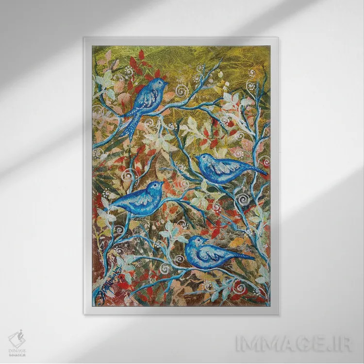 تابلو دکوراتیو پرندگان آبی اثر نستاسی آرت - نمای قابدار سفید