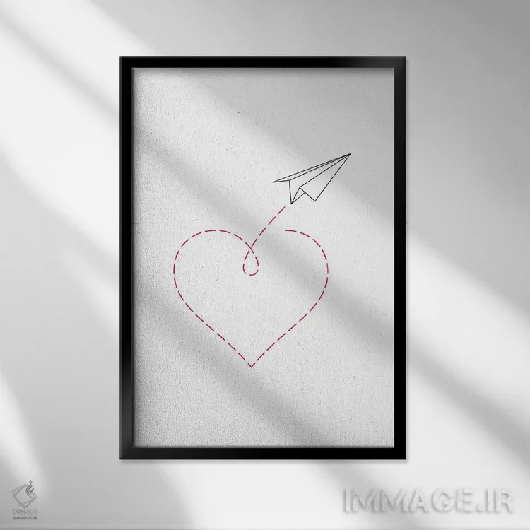 تابلو مینیمال هواپیمای کاغذی و قلب شماره ۲ اثر نووو پرینتس - نمای قابدار مشکی