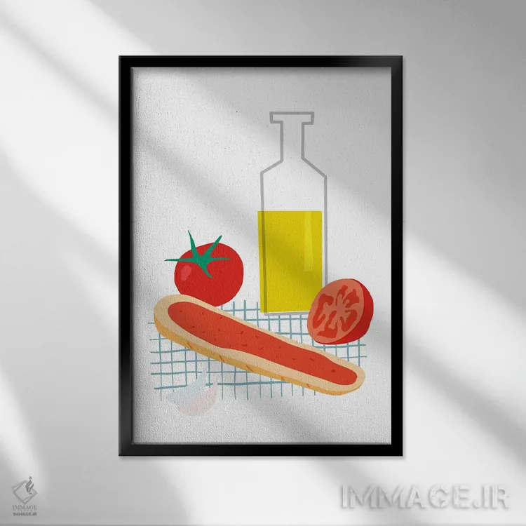 تابلو مینیمال نان اسپانیایی با گوجه فرنگی اثر نووو پرینتس - نمای قابدار مشکی