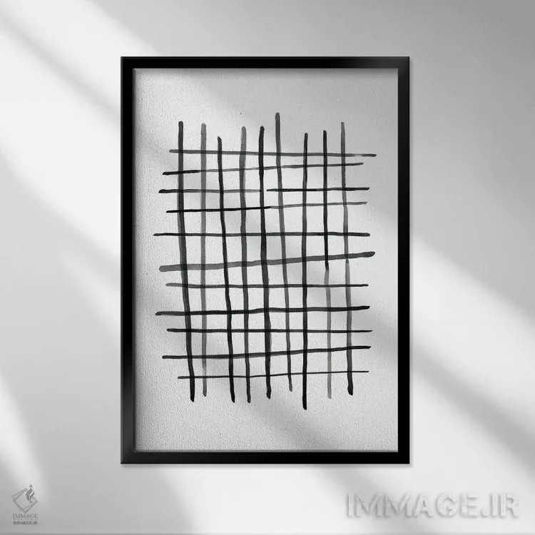 تابلو مینیمال شبکه آبرنگی سیاه و سفید اثر نووو پرینتس - نمای قابدار مشکی
