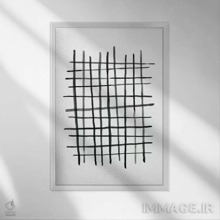 تابلو مینیمال شبکه آبرنگی سیاه و سفید اثر نووو پرینتس - نمای قابدار سفید