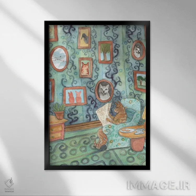 تابلو دکوراتیو گربه مجموعه دار آثار هنری اثر نکیشا واندروون - نمای قابدار مشکی