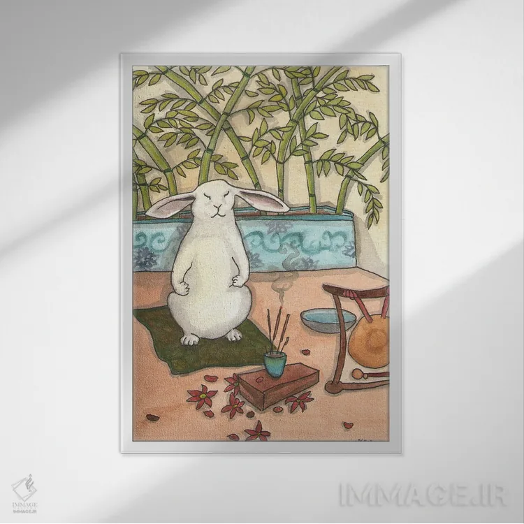 تابلو دکوراتیو خرگوش مراقبه گر اثر نکیشا واندروون - نمای قابدار سفید