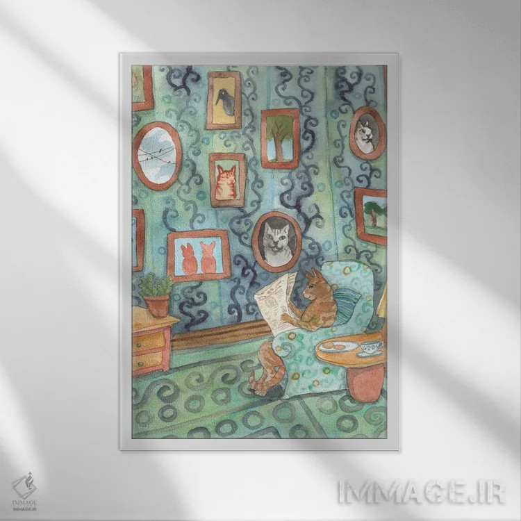 تابلو دکوراتیو گربه مجموعه دار آثار هنری اثر نکیشا واندروون - نمای قابدار سفید